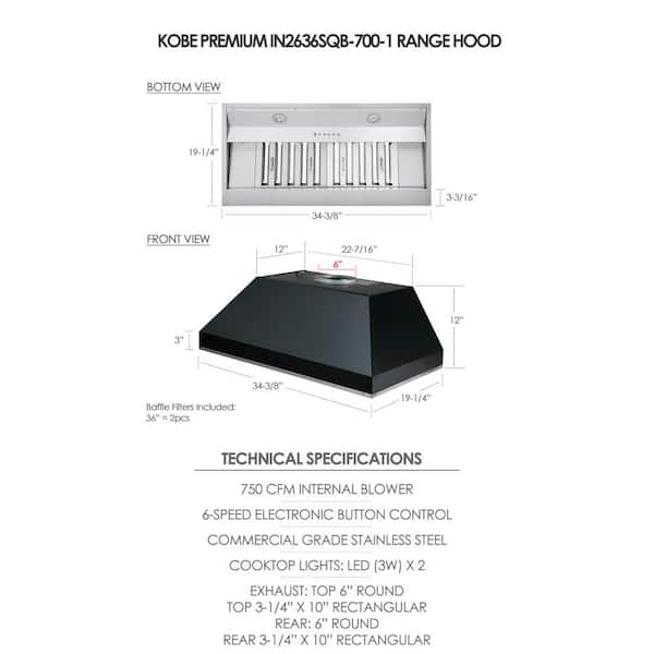 Kobe Range Hoods 36 in. 630 CFM Insert Range Hood in Stainless Steel, Silver