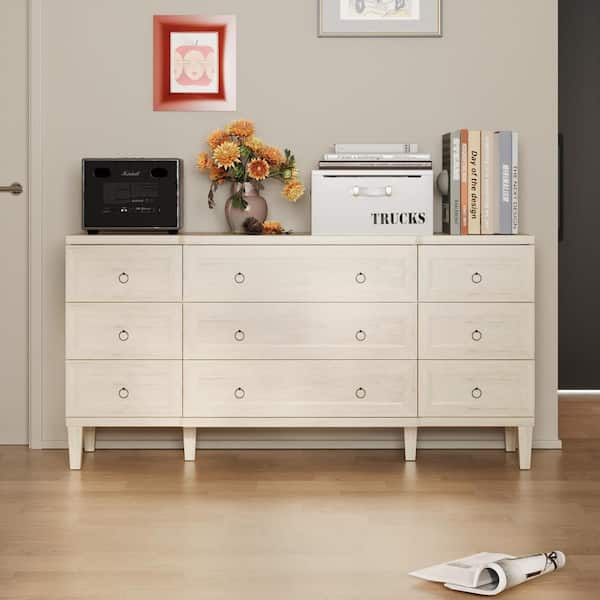 FUFU&GAGA Light Gray Wood Grain 9-Drawer 63.4 in. W Chest of Drawers, Ample Storage Space with Sturdy Build