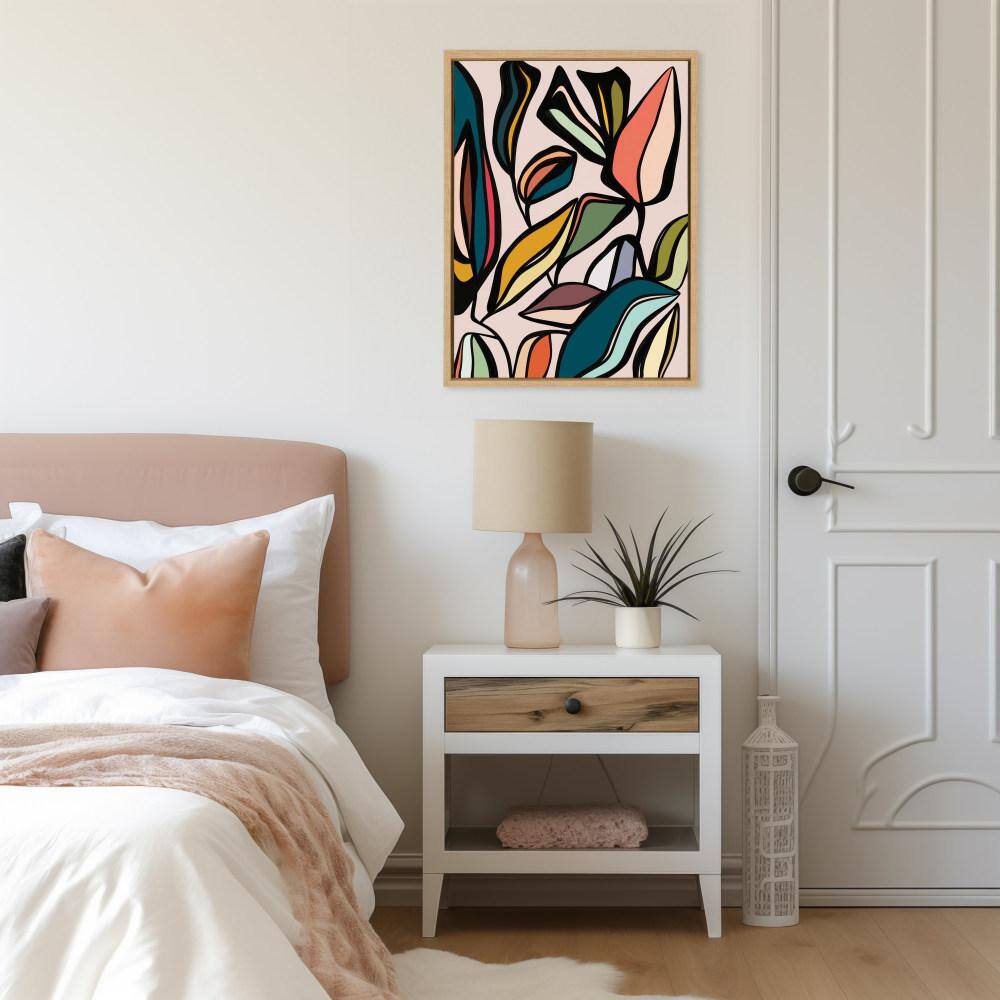 Colorful Abstract Ficus Leaves Canvas Wall Art, 18x24 Natural Frame