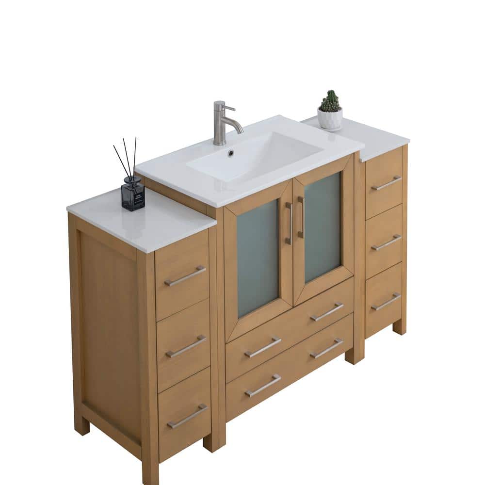 Natural Oak and White Ceramic 54" Single Bathroom Vanity with Mirror