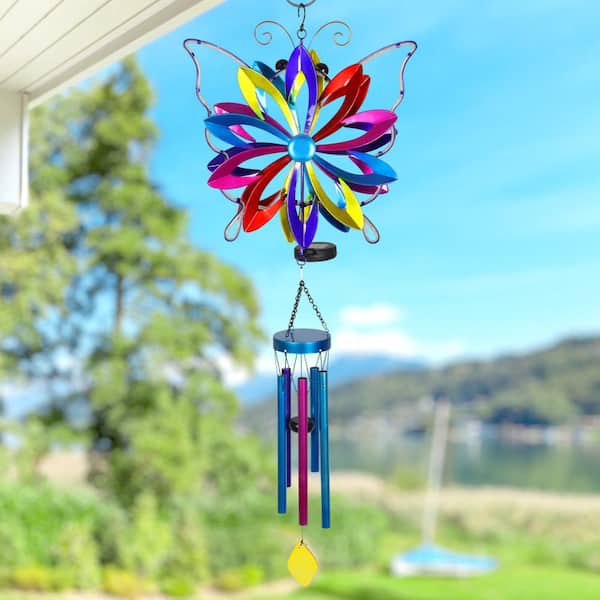 Exhart Solar Colorful Metal Double Spinner Wind Chime Butterfly
