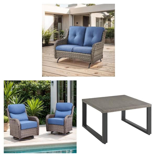 Wicker Outdoor Glider Couch (Gray/Blue), Rocking Chair (Set 2-Pack) with Blue Cushions and Square Coffee Table Combo