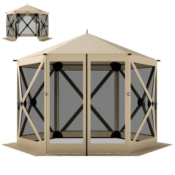 10x11ft Beige Pop Up Gazebo Screen Tent w/ Carry Bag for Camping & Picnics