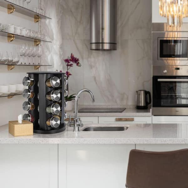 16-Shelves Black Countertop Rotating Seasoning Organizer Tower Set with 16 Jars 135 Labels Funnel for Kitchen