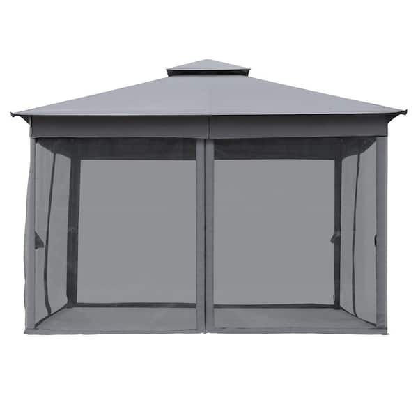 10 ft. x 12 ft. Gray Outdoor Gazebo Tent with Double Roofs, Mosquito