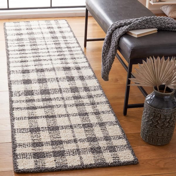 Abstract 2 ft. x 6 ft. Ivory/Black Border Plaid Runner Rug