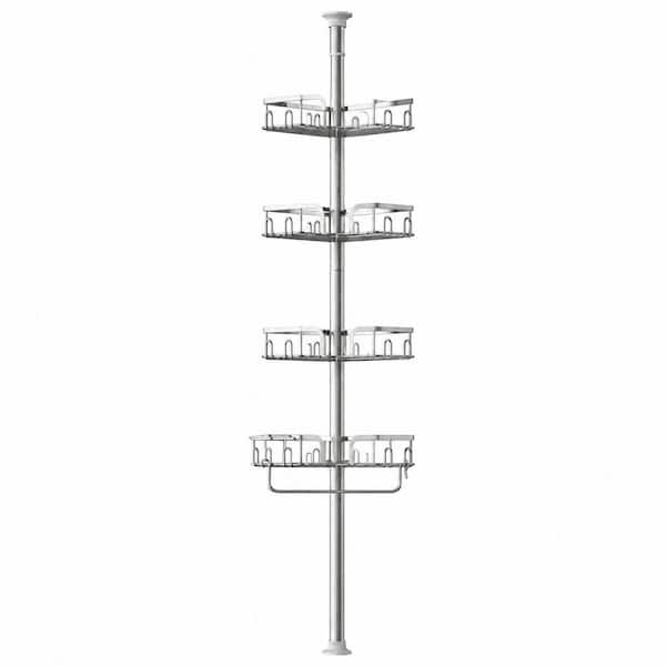 Tension Pole Adjustable Height Rustproof Stainless Steel Shower Caddy with 4 Baskets in Silver Finish 39 to 113 in.