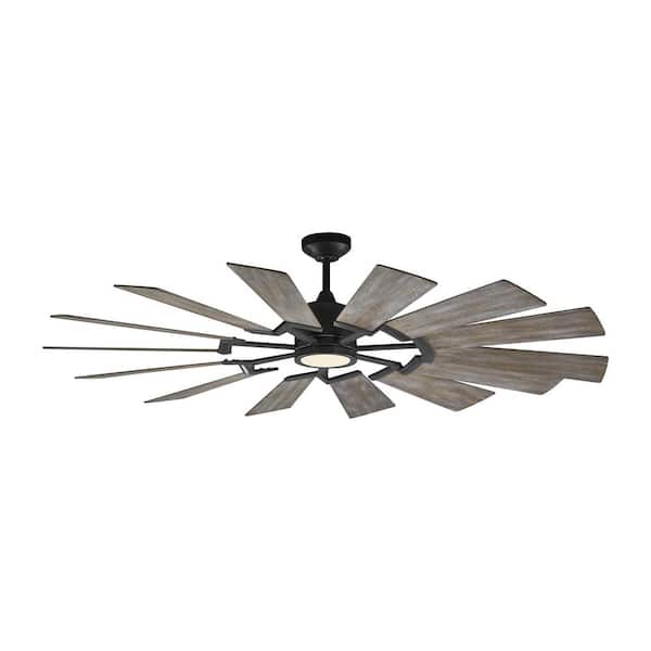 Generation Lighting - Prairie 62 in. LED Indoor/Outdoor Aged Pewter Ceiling Fan with Light Grey Weathered Oak Blades, Light Kit and Remote