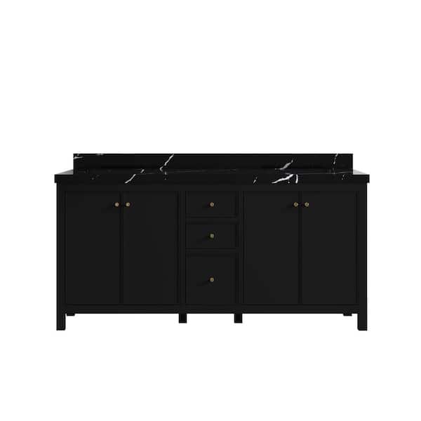Willow Collections Chicago 72 in. W x 22 in. D x 36 in. H Double Sink Bath Vanity in Black with 2 in. Calacatta Black Qt. Top