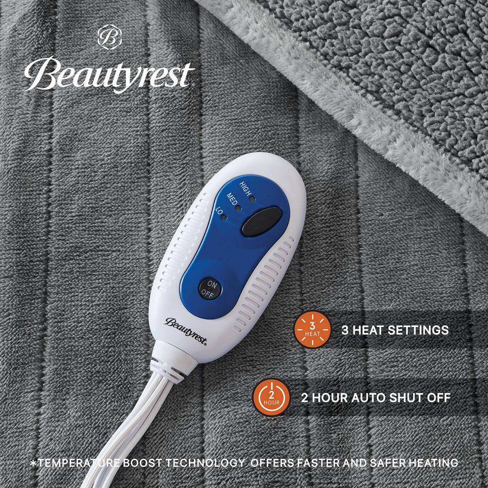 Gray Electric Heated Reversible Fleece Sherpa Throw Blanket