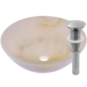 Stone Bathroom Sink White Onyx Round Vessel Sink with Umbrella Drain in Brushed Nickel