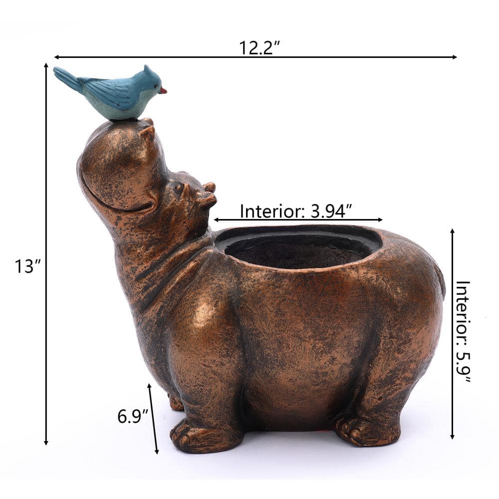 Brown Hippo and Blue Bird MGO Flower Pot Planter