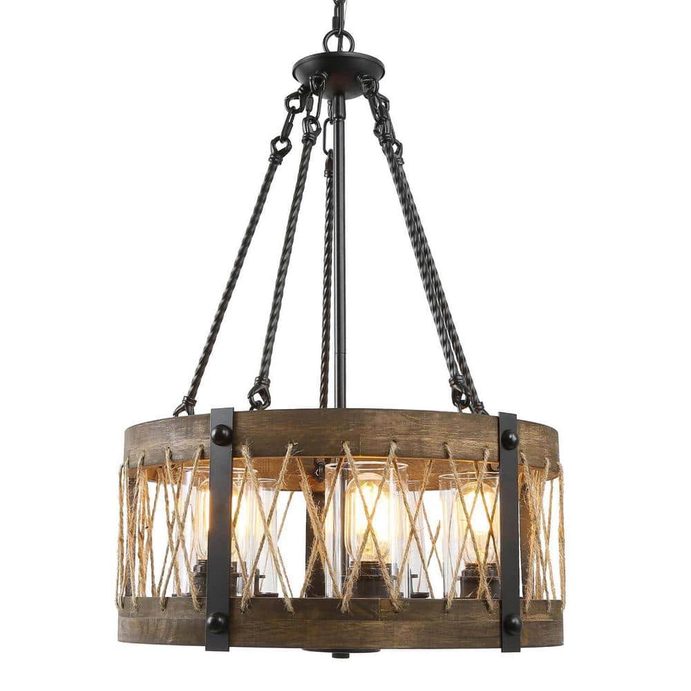 Farmhouse 5-Light Black Wood Drum Cage Chandelier for Living Room with Rope