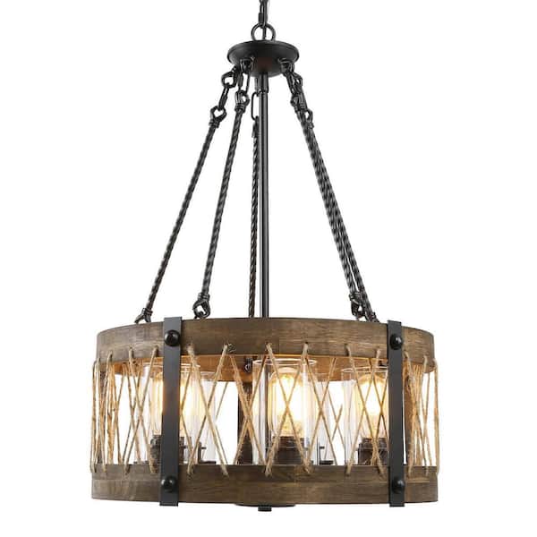 Unbranded Farmhouse 5-Light Black Wood Drum Cage Chandelier for Living Room with Ropes Decoration and Clear Glass Shade