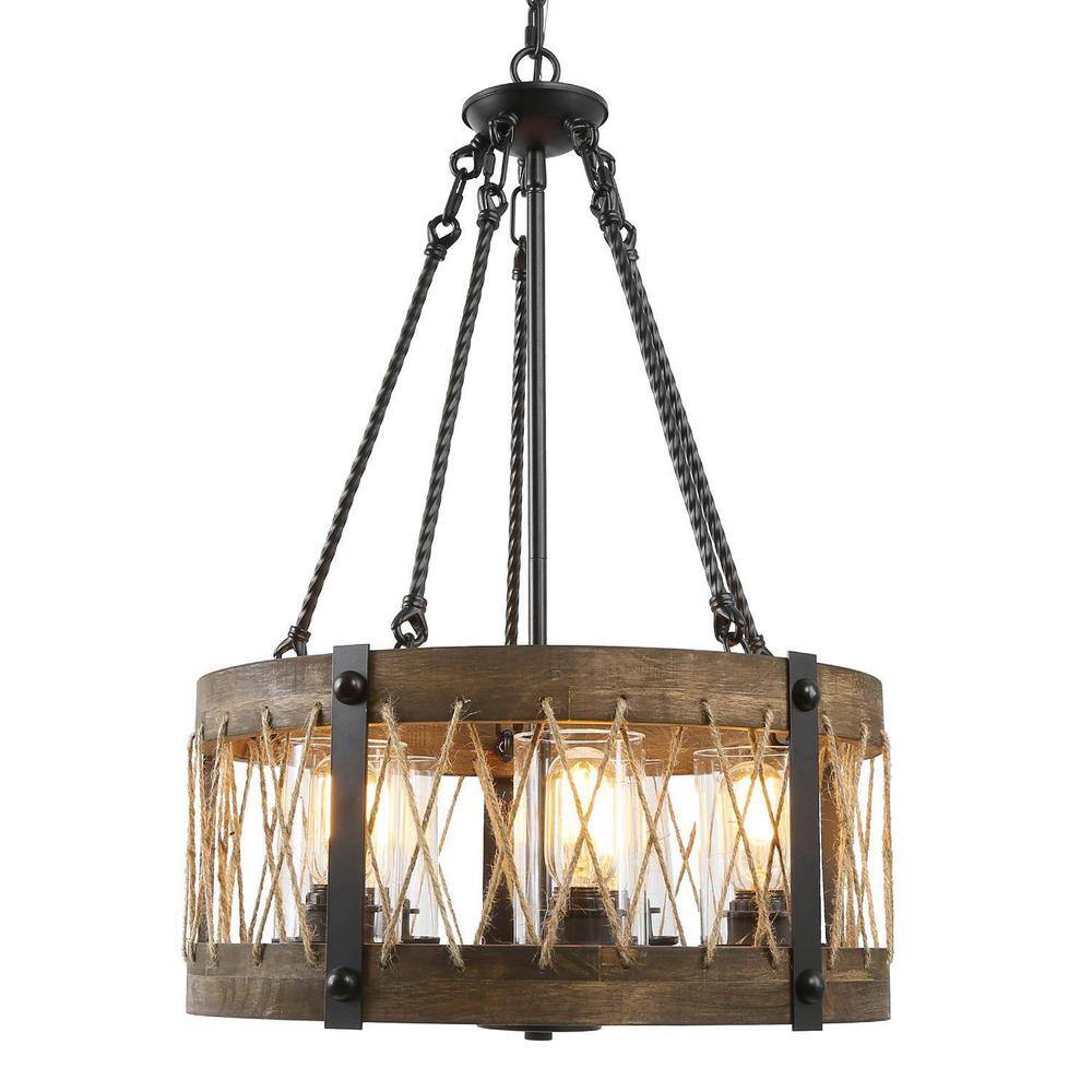 Farmhouse 5-Light Black Wood Drum Cage Chandelier for Living Room with Ropes Decoration and Clear Glass Shade price history on PriceWatchPro