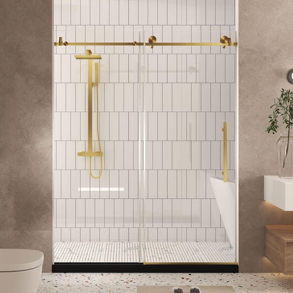 44 in.-48 in. W x 76 in. H Single Sliding Frameless Shower Door in Brushed Gold with 1/4 in. (6 mm) Clear Tempered Glass