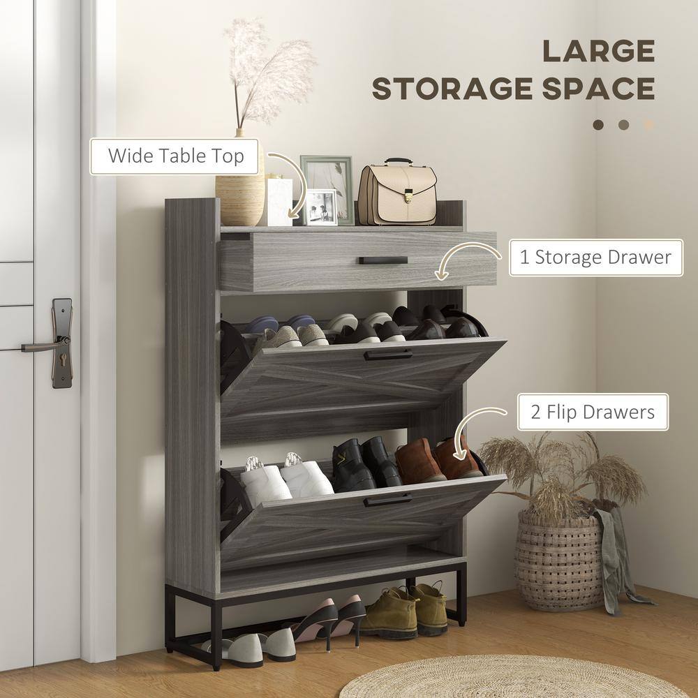 Distressed Gray Wood and Metal Slim Shoe Cabinet with Adjustable Shelves
