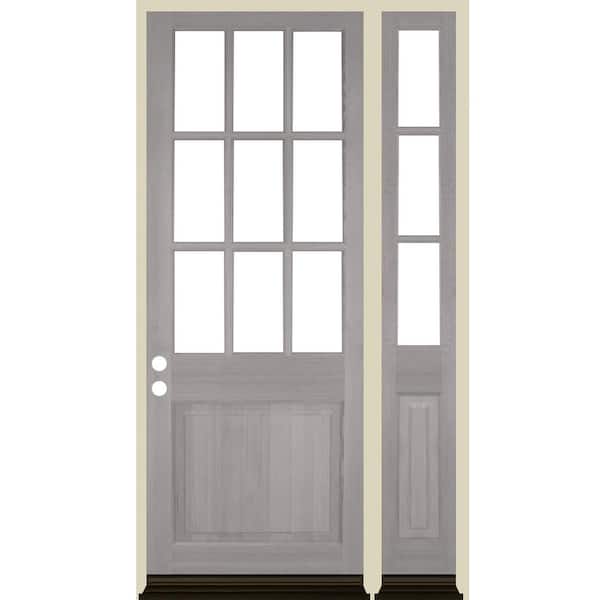 Krosswood Doors 50 in. x 96 in. Farmhouse 9-Lite Clear Glass Right-Hand Grey Stain Hemlock Wood Prehung Front Door w/ RSL