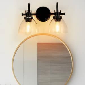 Farmhouse Vintage 16 in. 2-Light Matte Black Vanity Light with Seeded Glass Shades