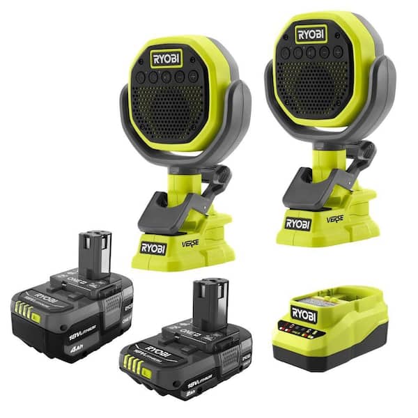 ONE+ 18V Lithium-Ion Starter Kit with 2.0 Ah Battery, 4.0 Ah Battery, Charger and FREE ONE+ VERSE Clamp Speaker 2-Pack