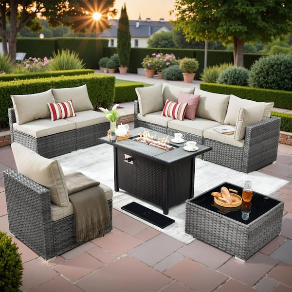 Elora Gray 8-Piece Wicker Outdoor Sectional Set with 42"Fire Pit, Beige Cushion &Coffee Table for Outdoor Living