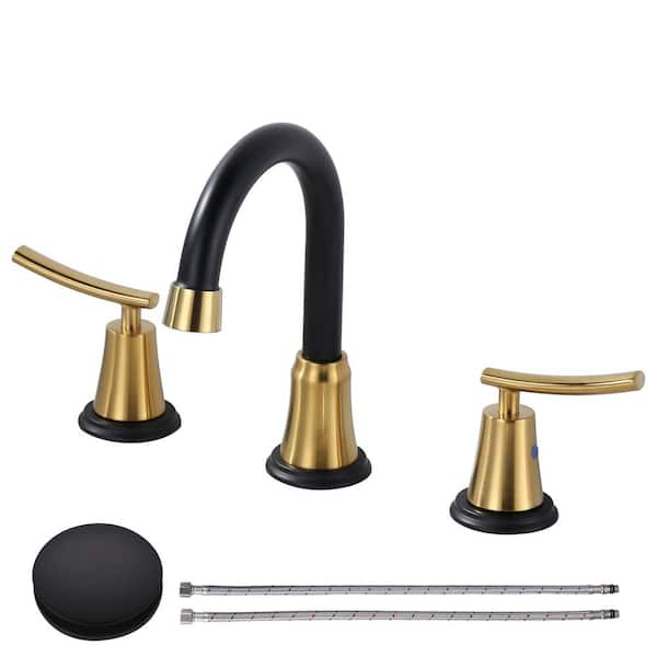 WOWOW 8 in. Widespread Double Handle Bathroom Faucet in Black and Gold