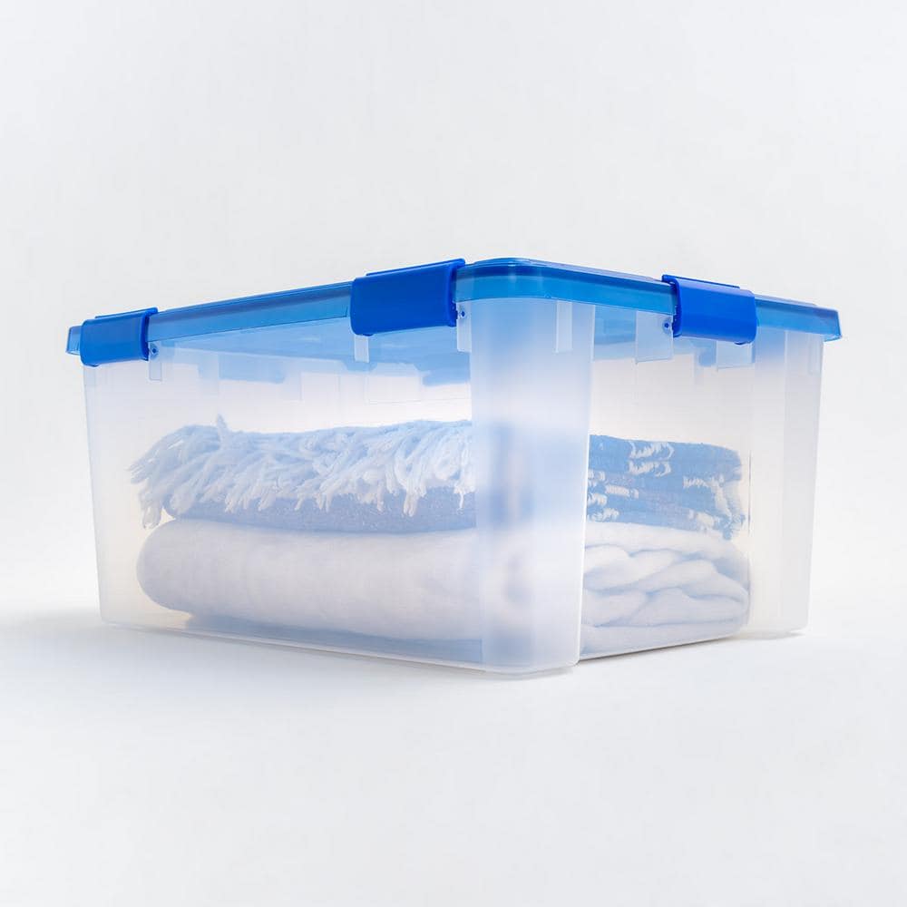 60 Quart Clear Plastic Storage Bins with Blue Lids, Set of 4
