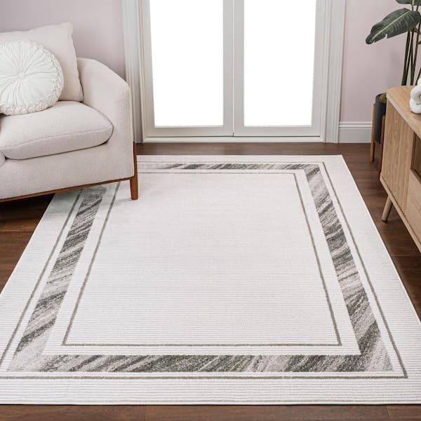 Athens Classic Border Marble Pattern High-Low Silver/White 8 ft. x 10 ft. Area Rug
