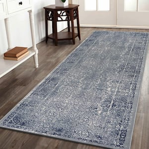 Imara Alain Blue/Silver 2 ft. 2 in. x 7 ft. 7 in. Transitional Carved Damask Polyester Area Rug
