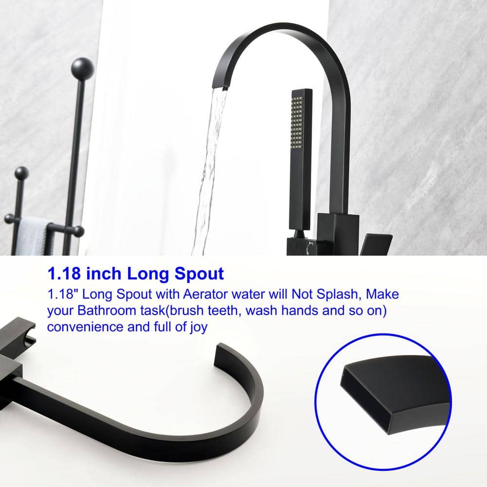 Matte Black Brass Freestanding Waterfall Tub Faucet with Hand Shower