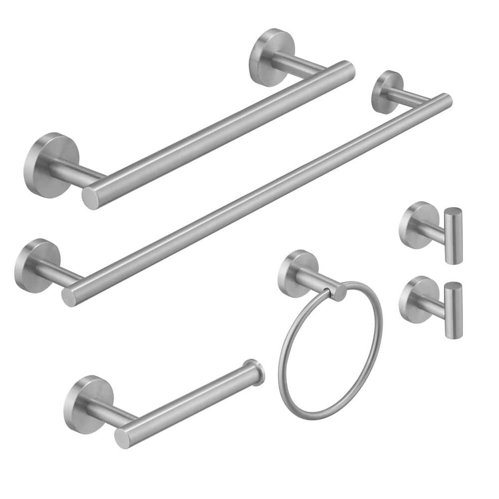 Bathroom Hardware 6-Piece Bath Hardware Set with Towel Bar, Towel Ring, Robe Hook, Toilet Paper Holder in Brushed Nickel -  HOMEMYSTIQUE, NBHS016RN