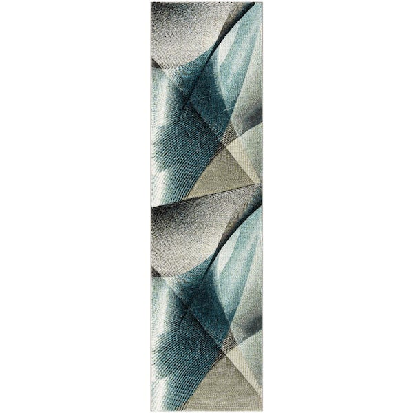 Hollywood 2 ft. x 18 ft. Gray/Teal Striped Abstract Runner Rug