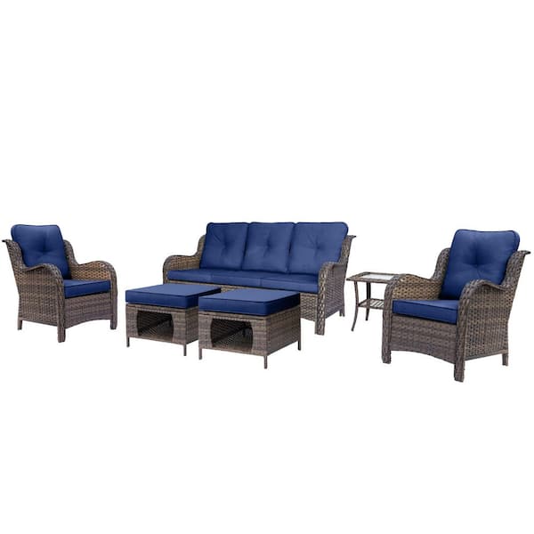 Brown 6-Piece Wicker Outdoor Furniture Patio Conversation Set Armrchairs Sofa and Ottomans with Nary Blue Cushions