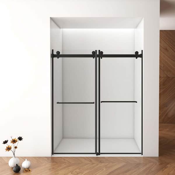 60 in. W x 76 in. H Double Sliding Frameless Shower Door in Matte Black with Clear Easy Clean Coat Tempered Glass