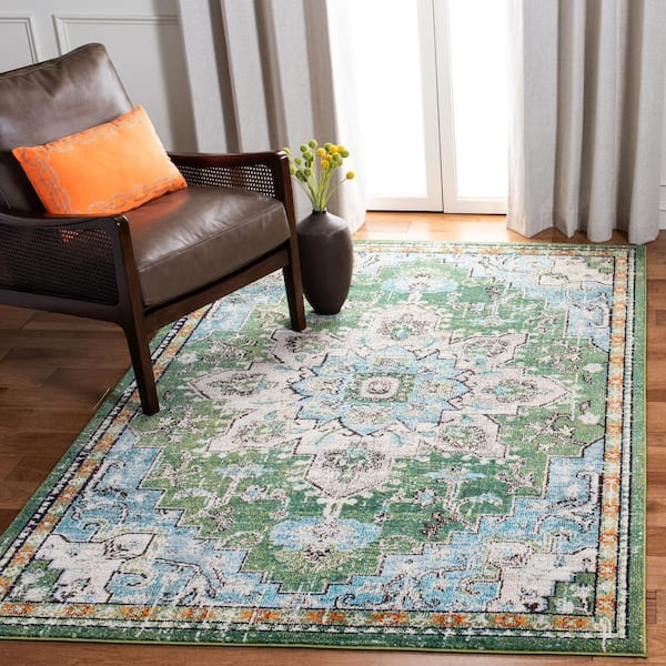 Madison Green/Turquoise 3 ft. x 3 ft. Distressed Border Square Area Rug