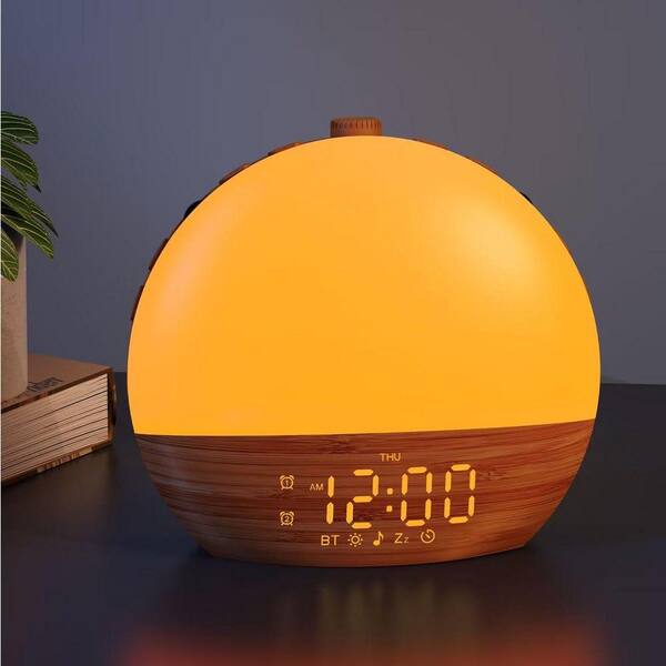 Wood Grain Sunrise Alarm Clock w/ Sound Machine, Bluetooth, Dual