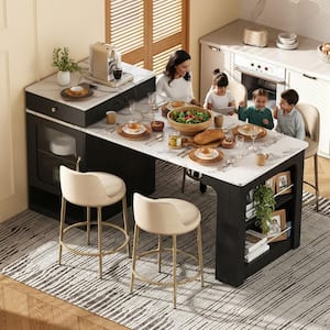 Runesay Modern Black Wood 59.5 in. Power Outlet Kitchen Island Extendable Dining Table with Double-Sized Storage and 2-Drawer