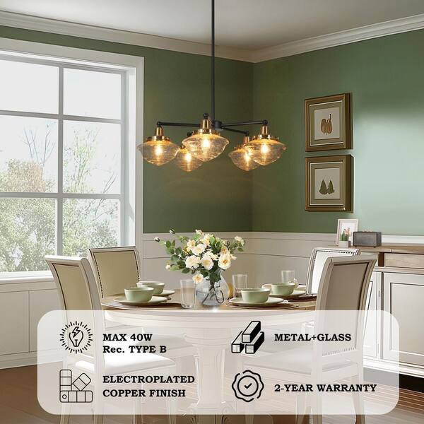 Zevni 22.5 in. 5-Light Brass-Plated Round Chandelier, Seeded Glass