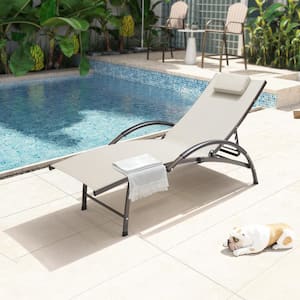 1-Piece Aluminum Adjustable Outdoor Chaise Lounge with Headrest in Tan