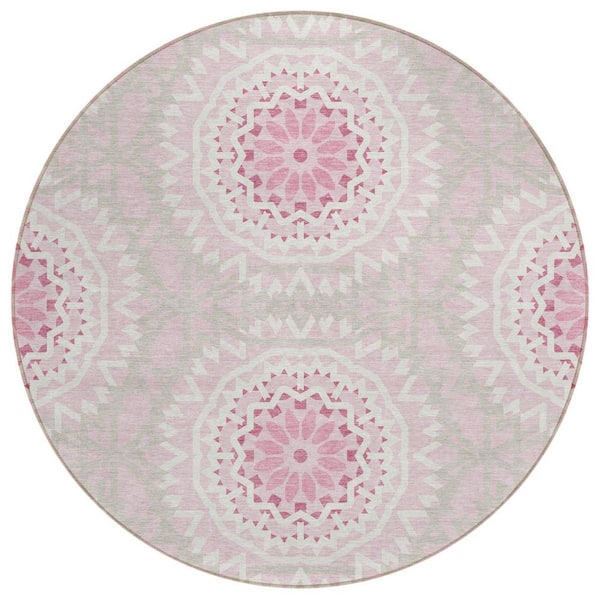 Pink, Blush, Ivory 8 ft. Round Woven Floral, Medallion Polyester Round Indoor/Outdoor Area Rug