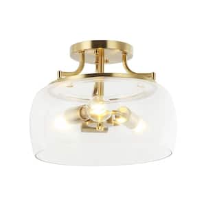 13 in. 3-Light Brass Gold Semi-Flush Mount Ceiling Light Fixture with Clear Glass Shade