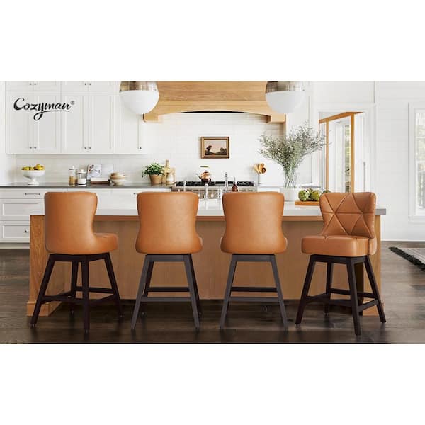 Zola 26 in. Whiskey Brown Wood Frame Faux Leather Upholstered Swivel Bar Stool (Set of 4)