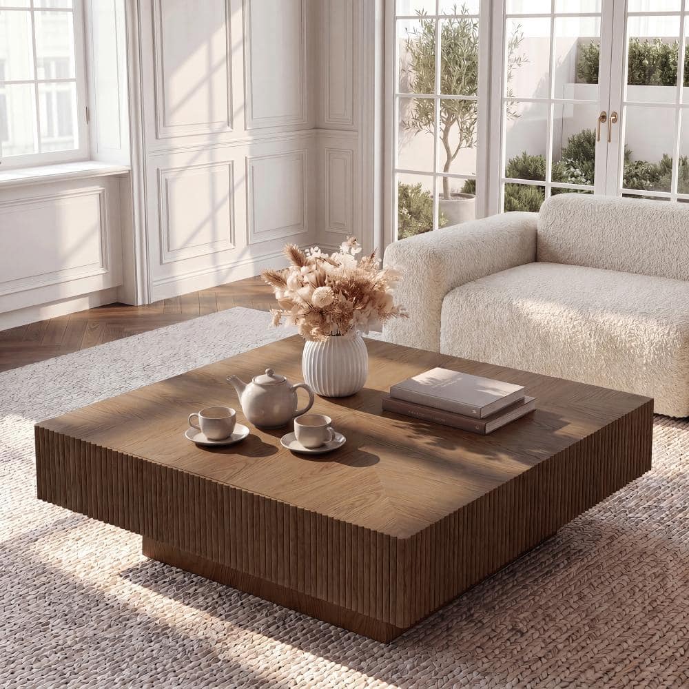 39.4 in. Square Solid Wood Coffee Table with Hidden Drawers, Fluted Design and Parquet Top for Living Room