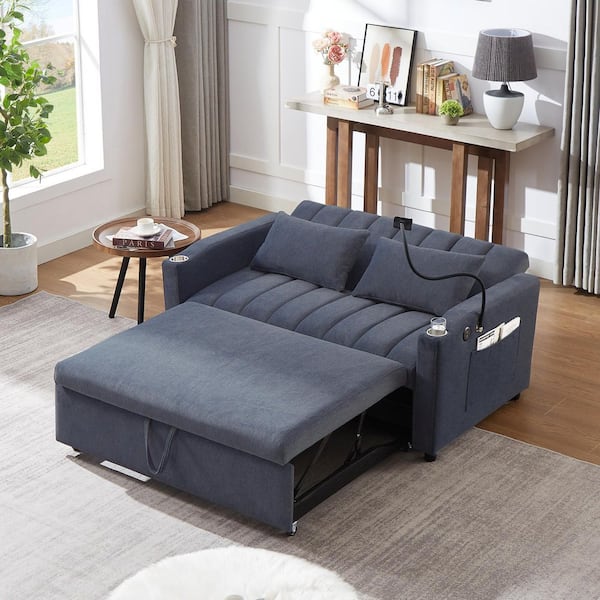 55.9 in. Blue Gray Bella Fabric Twin Size Sofa Bed Convertible Loveseat Sofa with USB Ports, Cup Holders, Phone Holder