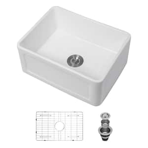 24 in. Farmhouse/Apron-Front Single Bowl White Ceramic Kitchen Sink Rectangular Vessel Sink with Bottom Grid