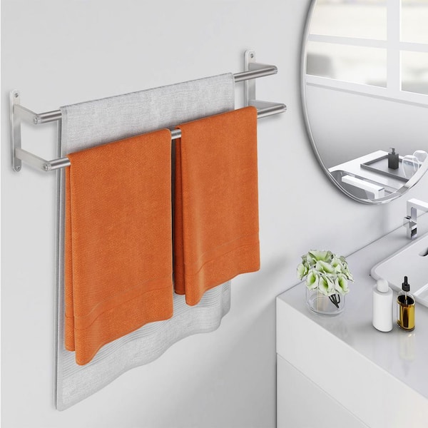 24 in. Wall-Mounted Stainless Steel Double Bath Towel Bar in Brush Nickel, Double Towel Rod Towel Rail Hanger