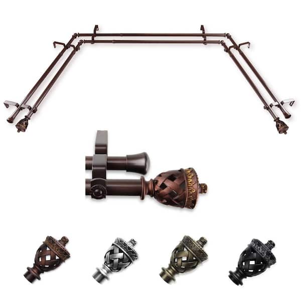 EMOH 13/16" Dia Adjustable 20"-36", 38"-72" Bay Window Double Curtain Rod with Pablo Finials in Cocoa
