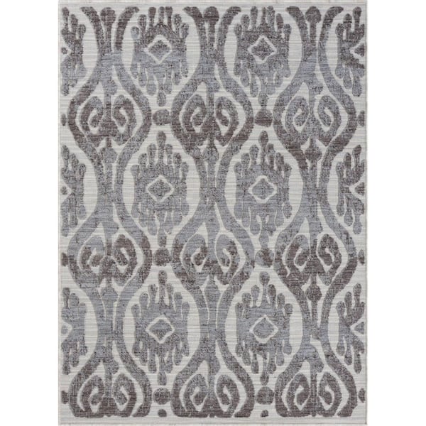 Blue, Gray 8 ft. x 9 ft. Woven Damask PET Polyester Rectangle Indoor/Outdoor Area Rug