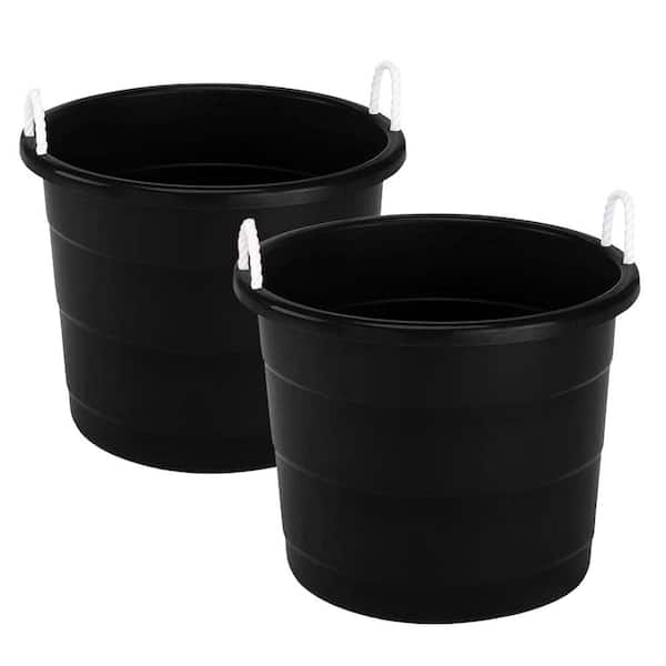HOMZ Plastic 17 Gal. Utility Storage Bucket Tub with Rope Handle, Black, 2 Pack