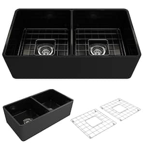 Classico Farmhouse Apron Front Fireclay 33 in. Double Bowl Kitchen Sink with Bottom Grid and Strainer in Black